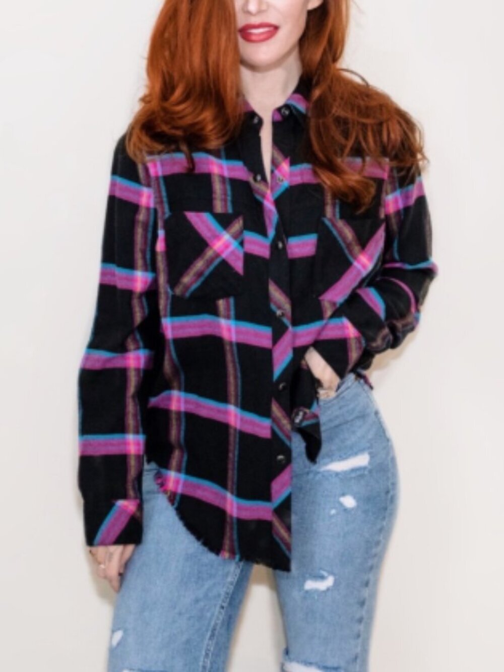 Rails Leo Onyx Magenta Cayenne Plaid Western Snap Raw Hem Flannel Top L